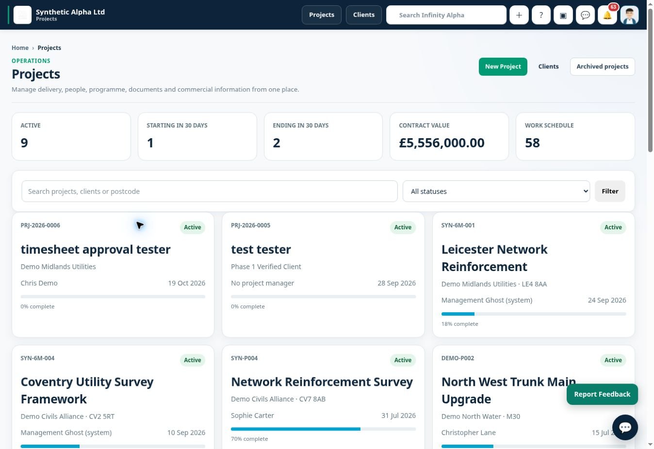 Infinity Alpha Project overview screenshot — A central overview of project information, helping teams see active work and navigate to key project records.