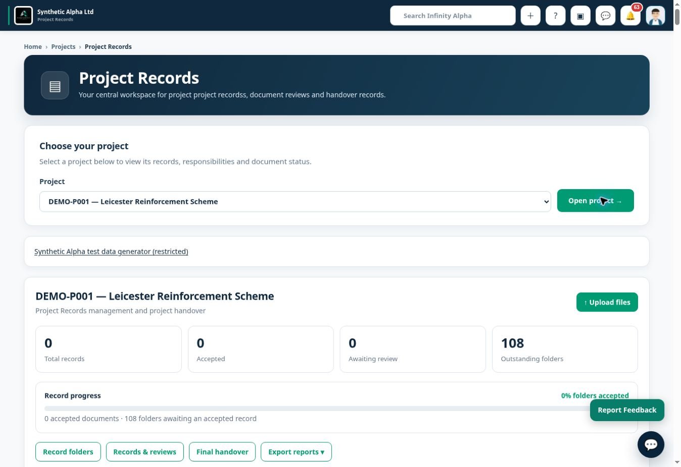 Infinity Alpha Project record details screenshot — Open individual project records and review the information recorded against each item.