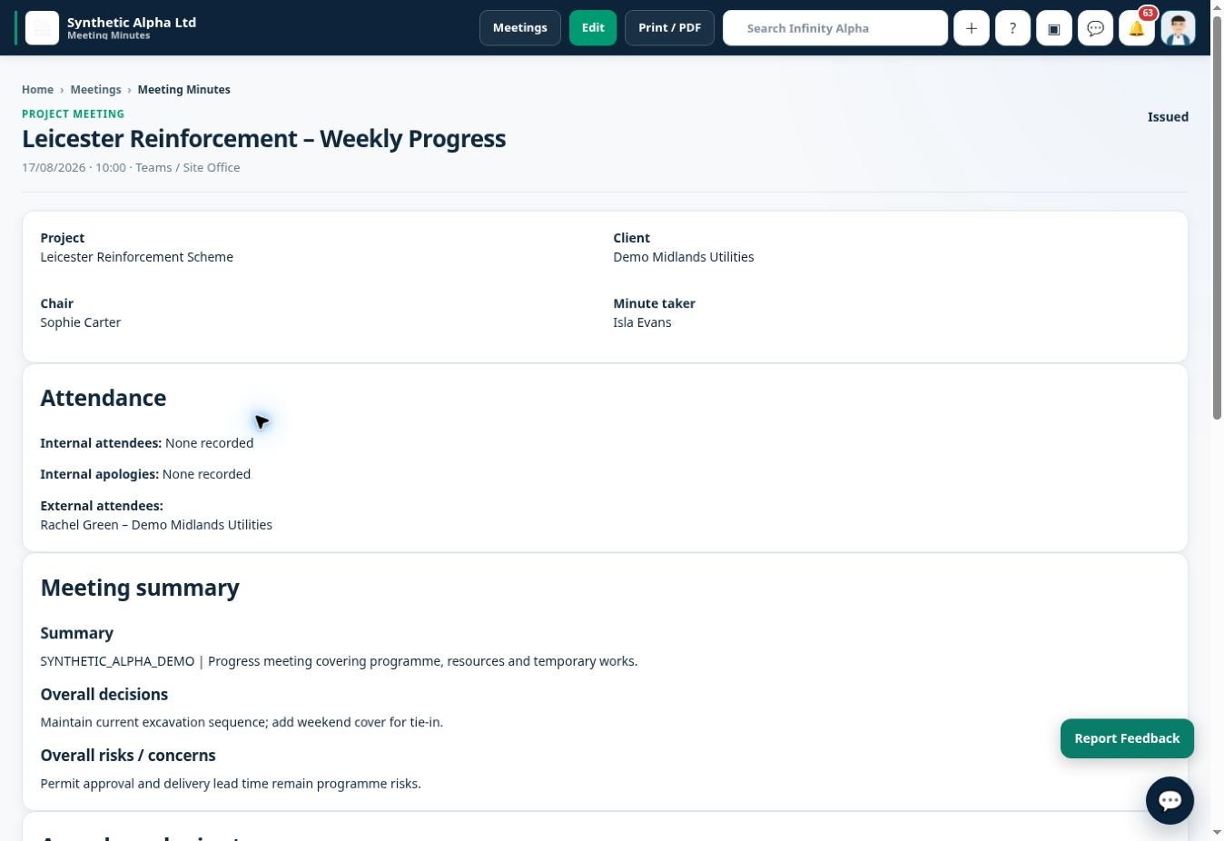 Infinity Alpha Meeting minutes screenshot — Keep meeting minutes together so discussions, decisions and follow-up items are easier to reference.