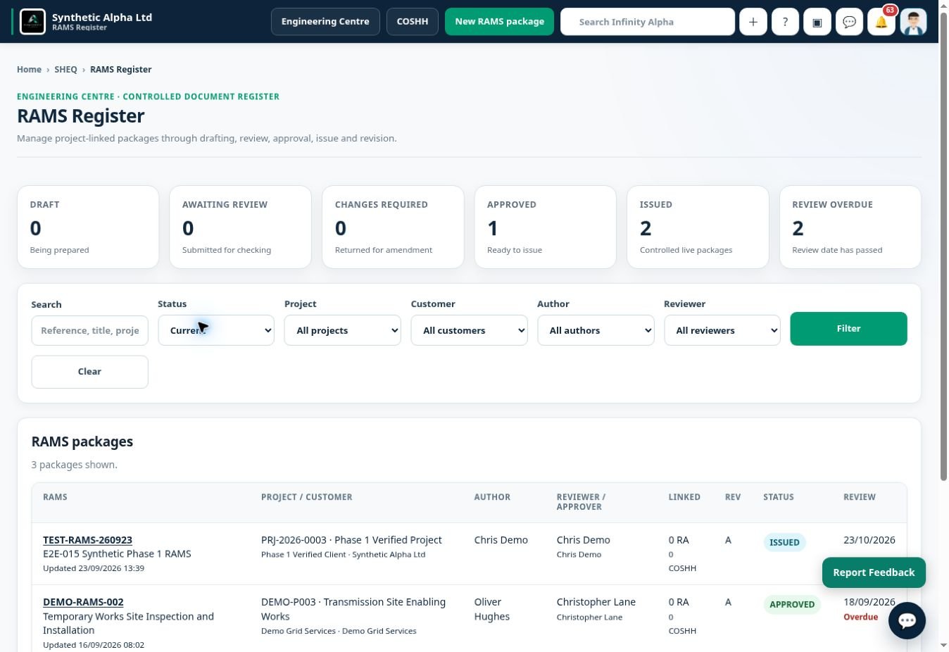 Infinity Alpha RAMS register screenshot — Keep risk assessments and method statements organised in a dedicated RAMS register.