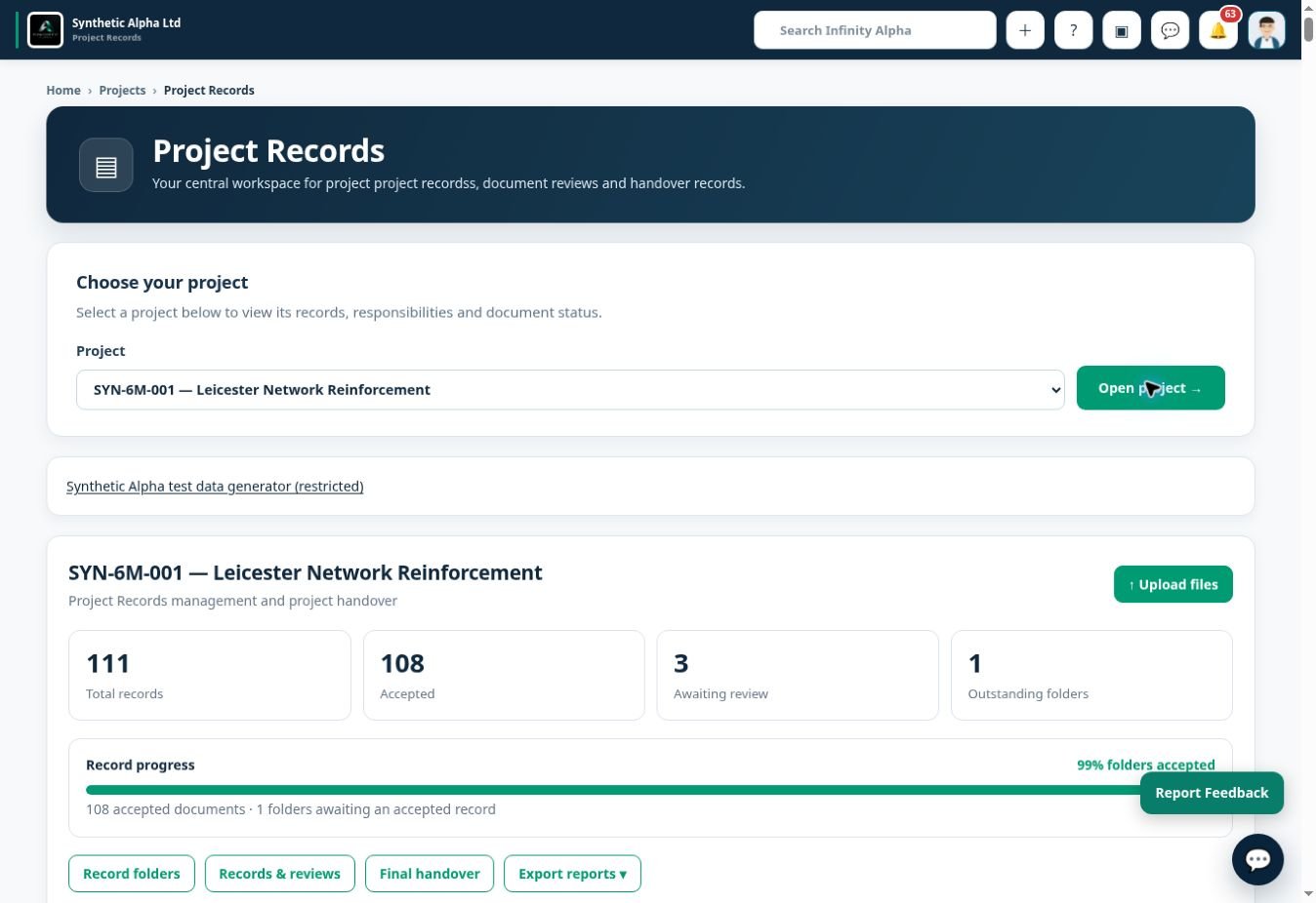Infinity Alpha Project records screenshot — Track progress through the project records workspace and find records requiring attention.