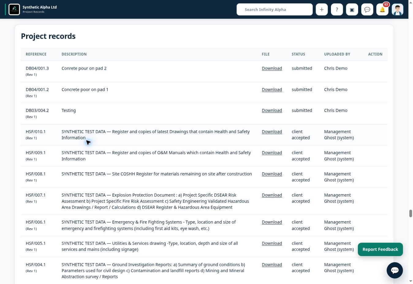 Infinity Alpha Supporting documents and reviews screenshot — Keep supporting drawings, documents and review information associated with project records.