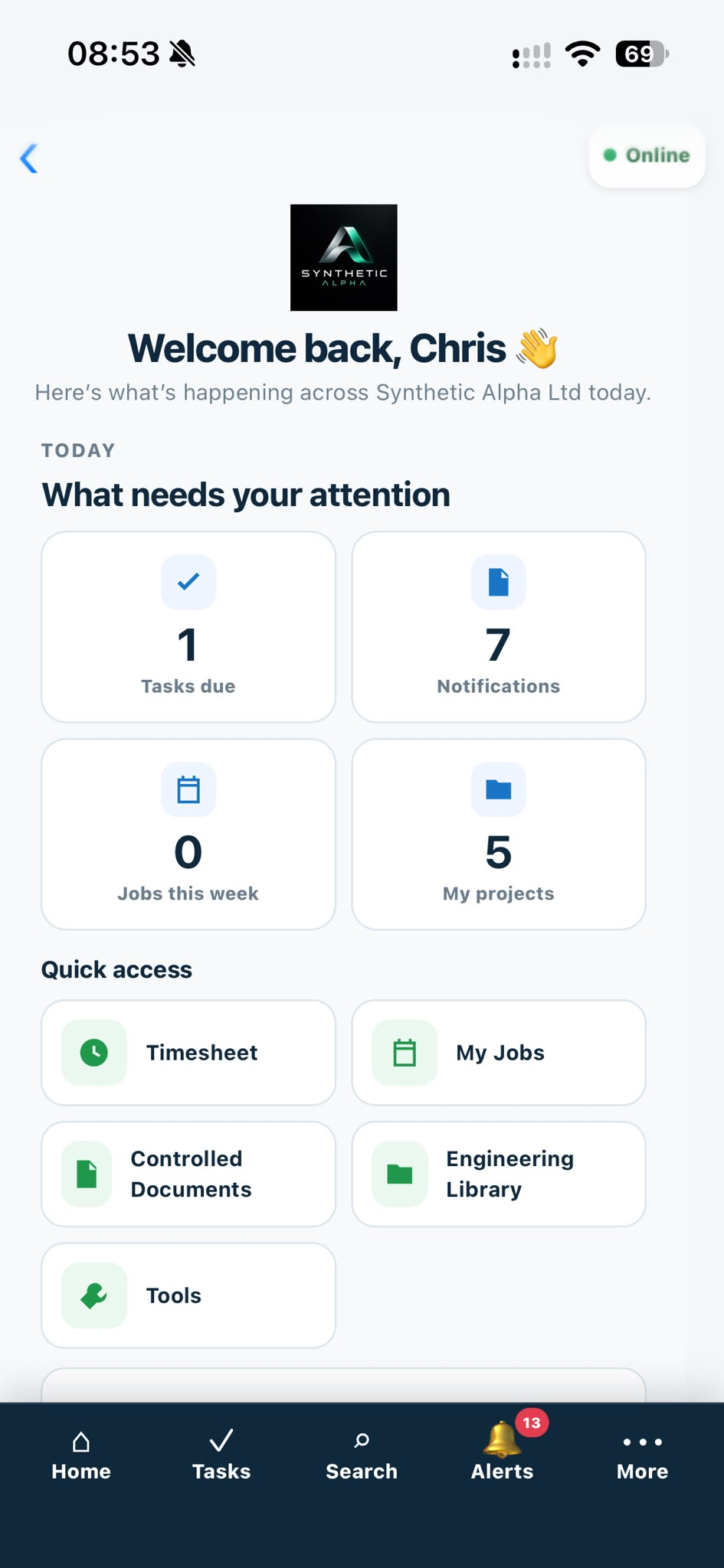 Infinity Alpha App dashboard showing tasks, notifications, projects and quick access